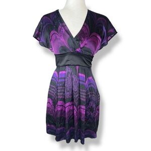 Express Vintage Mod Inspired Whimsigoth Artsy V-Neck Y2K Midi Dress L